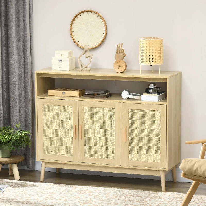 Aparador Cannage Natural 120 cm | Rejilla, 2 Puertas y Patas de Pino