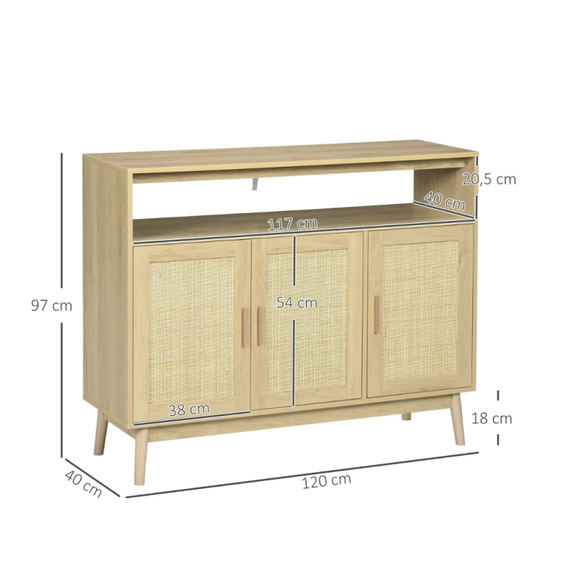 Aparador Cannage Natural 120 cm | Rejilla, 2 Puertas y Patas de Pino