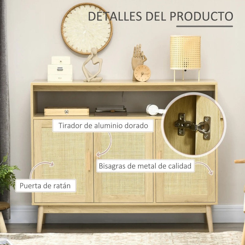 Aparador Cannage Natural 120 cm | Rejilla, 2 Puertas y Patas de Pino