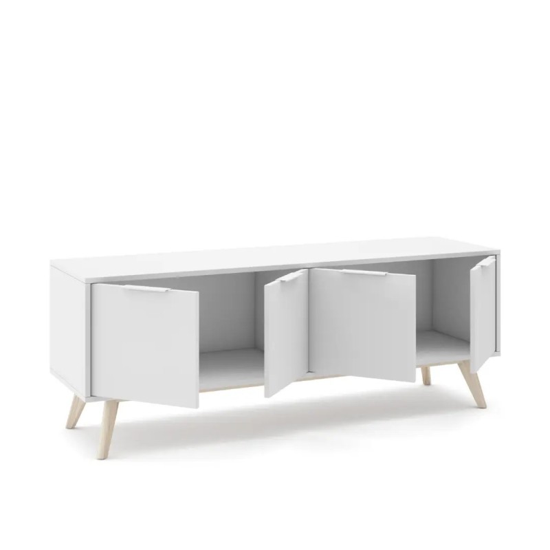 Mueble TV Campus 140 cm | 4 Puertas Blanco Nórdico Patas Madera
