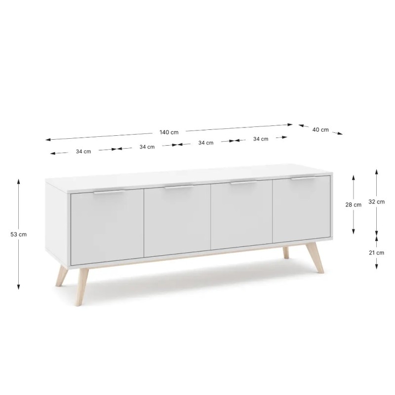 Mueble TV Campus 140 cm | 4 Puertas Blanco Nórdico Patas Madera