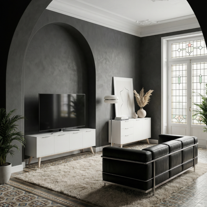 Mueble TV Campus 140 cm | 4 Puertas Blanco Nórdico Patas Madera