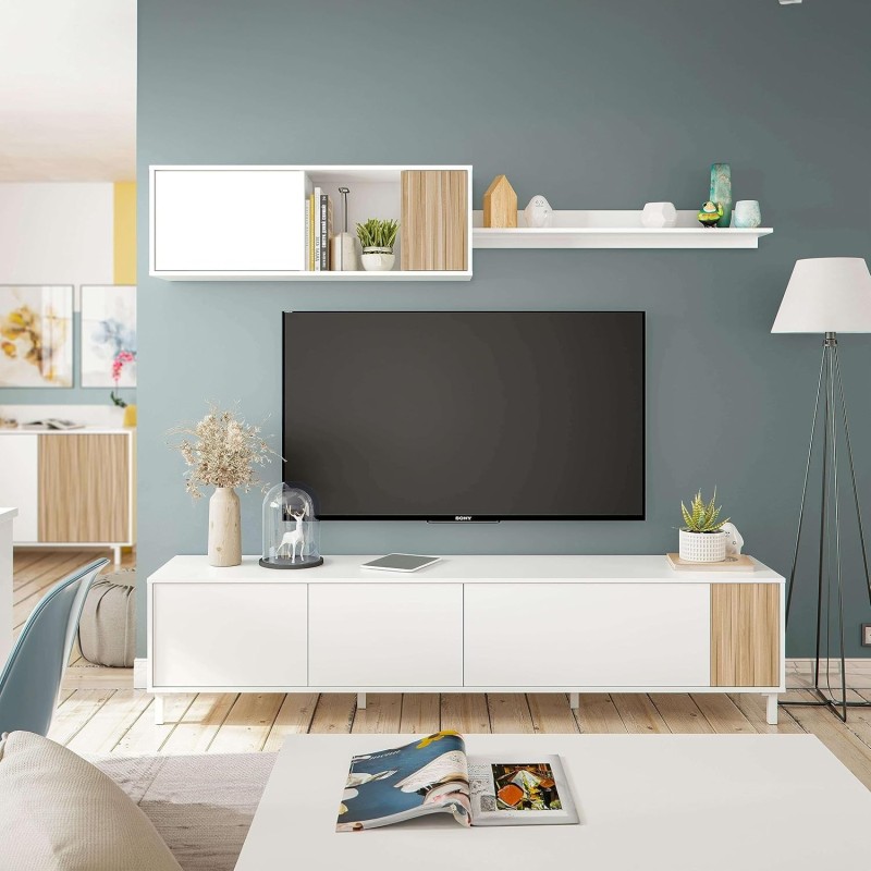 Conjunto Salón Ethna 200 cm | Mueble TV Push, Módulo y Estante Blanco Natur