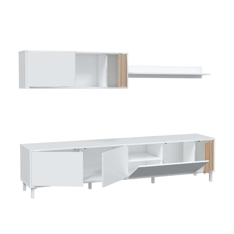 Conjunto Salón Ethna 200 cm | Mueble TV Push, Módulo y Estante Blanco Natur