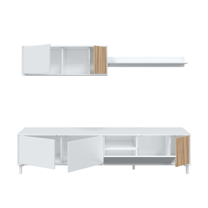 Conjunto Salón Ethna 200 cm | Mueble TV Push, Módulo y Estante Blanco Natur