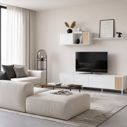 Conjunto Salón Ethna 200 cm | Mueble TV Push, Módulo y Estante Blanco Natur