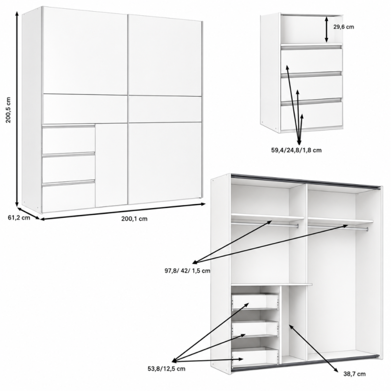 Armario Blanco 200cm con 3 Cajones | Muebles Tam Tam