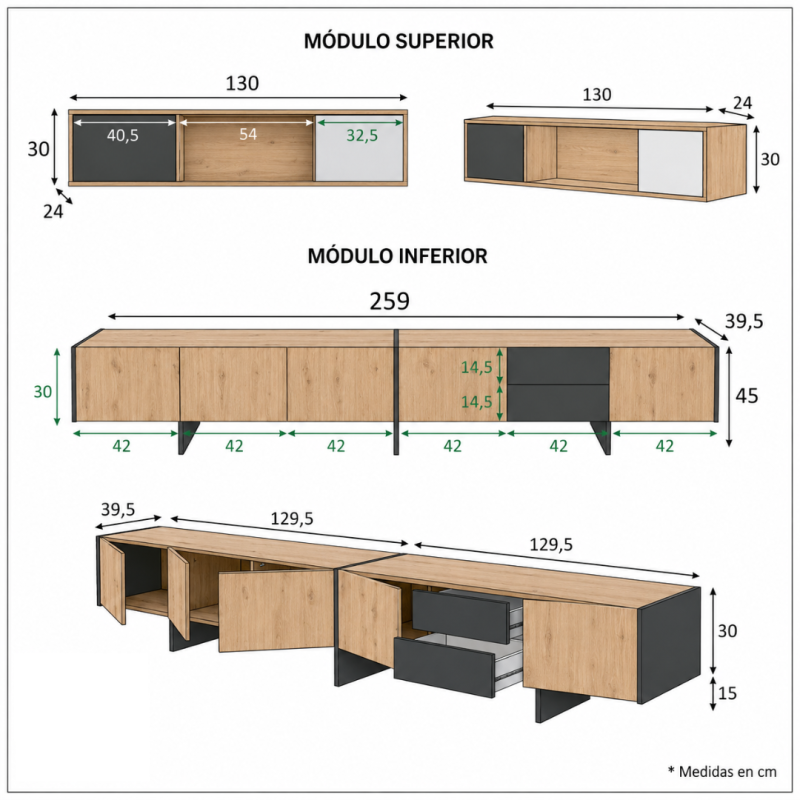 Conjunto Salón TV BALI 259 cm Roble y Antracita
