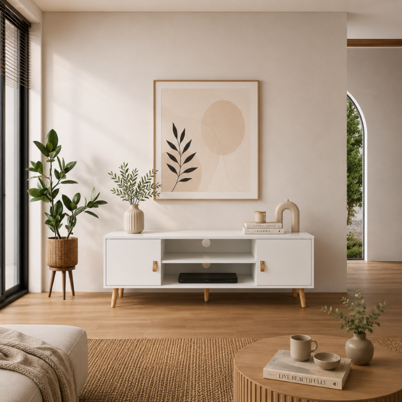 Mueble TV Anzio 140 cm Blanco Mate y Pino Natural