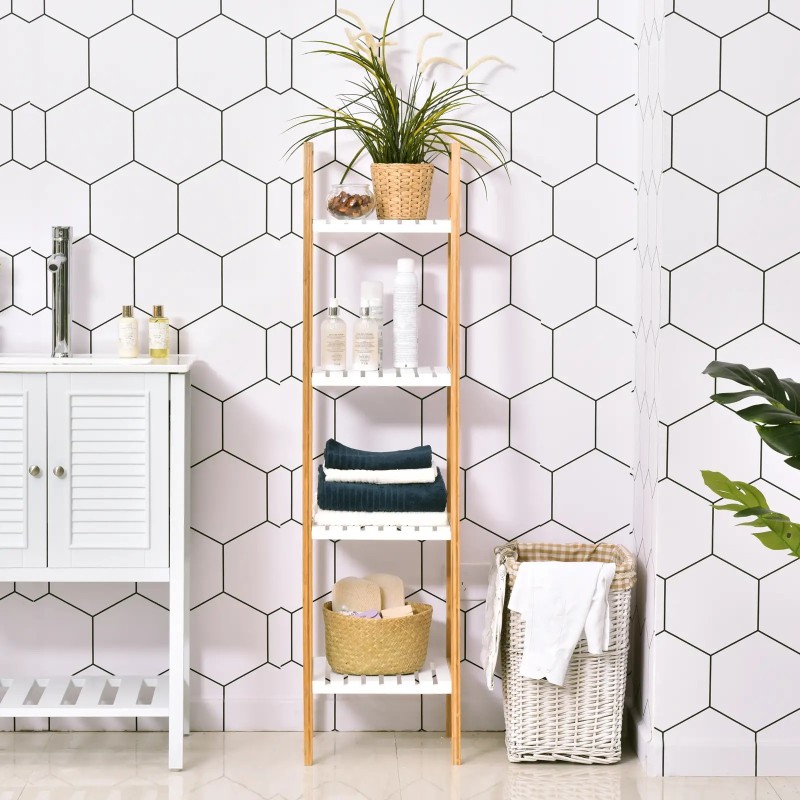 Estantería Escalera 35 cm Bambú Blanco y Natural