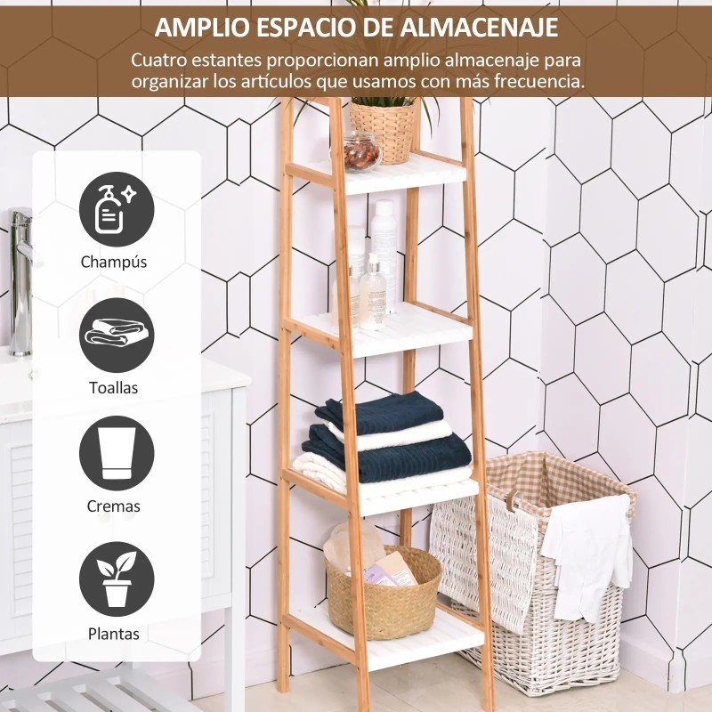 Estantería Escalera 35 cm Bambú Blanco y Natural
