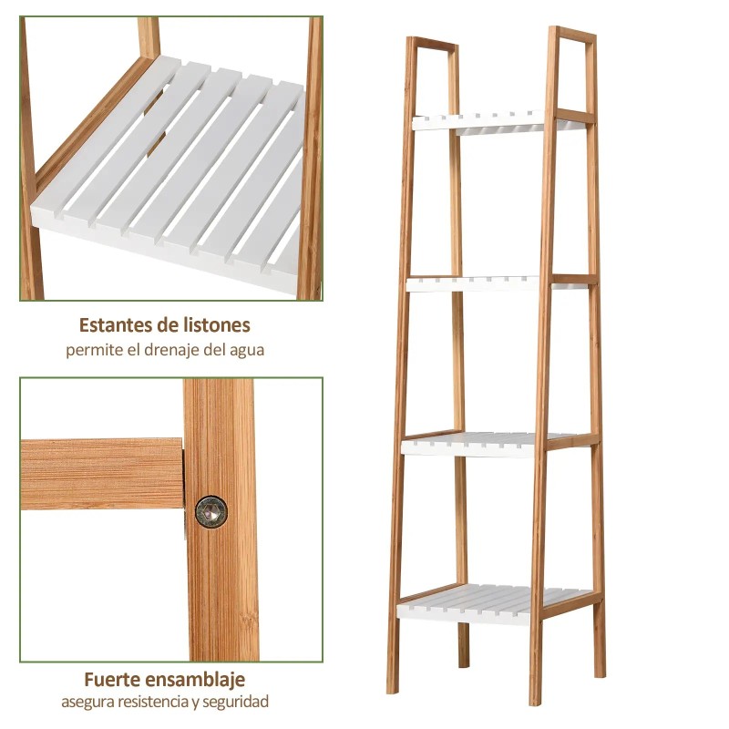 Estantería Escalera 35 cm Bambú Blanco y Natural