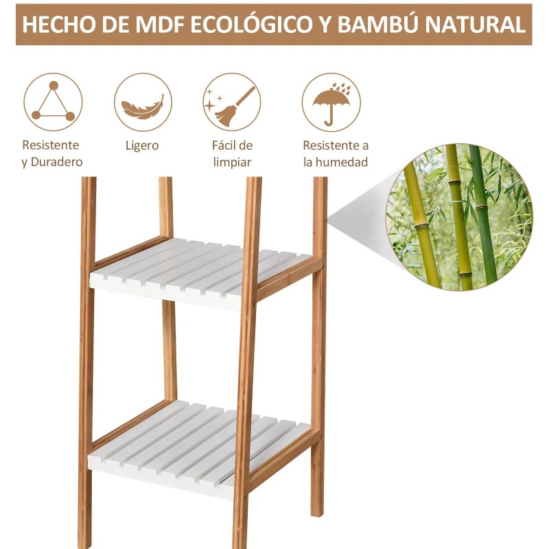 Estantería Escalera 35 cm Bambú Blanco y Natural