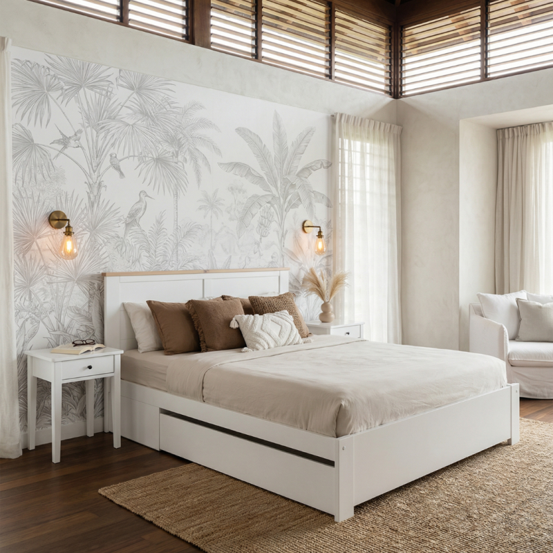 Cama Gabi 135/140x190 cm Blanco y Cera con Cajón