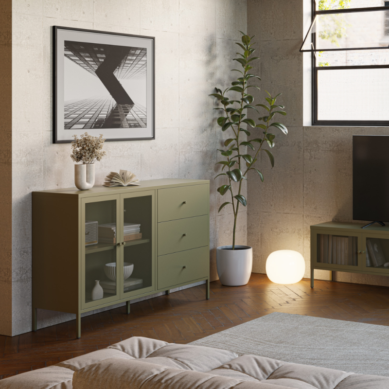 Aparador Fayna Metal Verde Oliva | 2 Puertas Malla + 3 Cajones | 140x40x90 cm