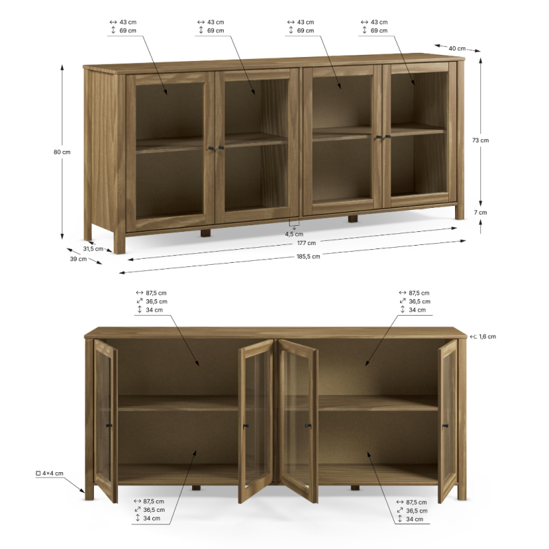 Aparador Alessandra 186 cm Roble Puertas Cristal