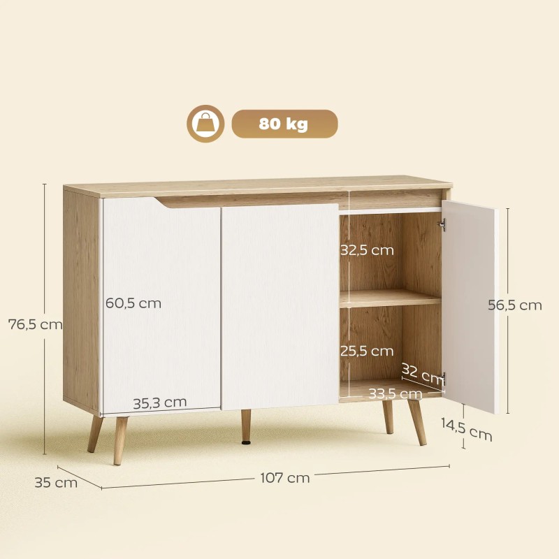 Aparador 107 cm Roble y Blanco 3 Puertas