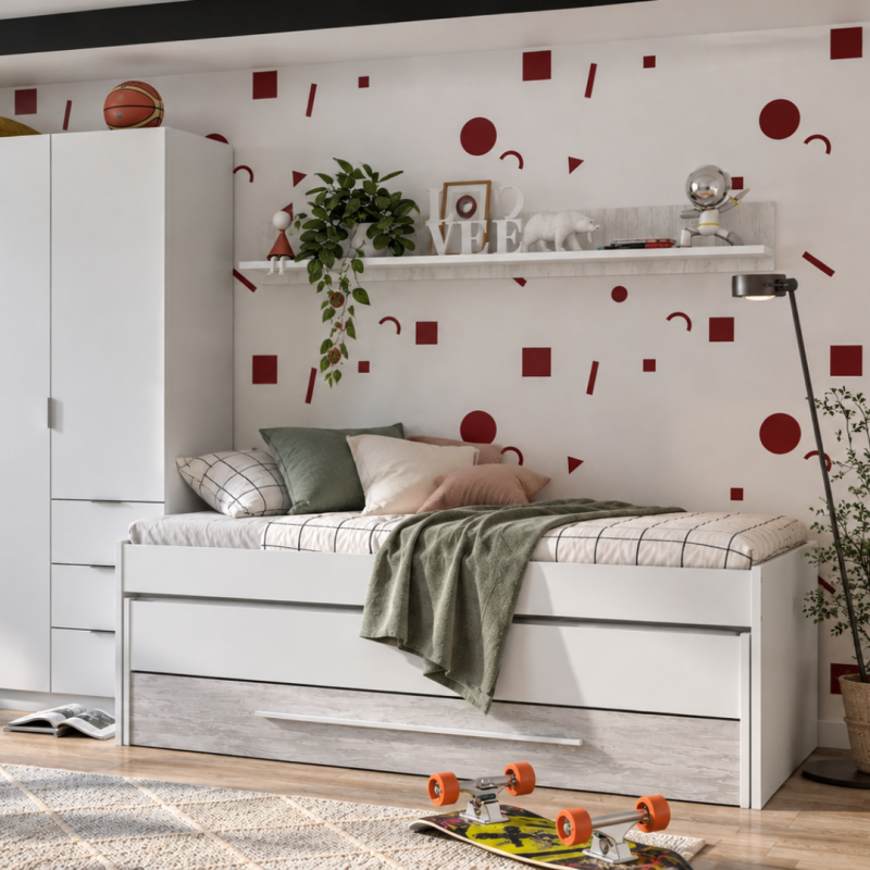 Cama Nido Elliot con Cajón y Estante | Blanco 90x190