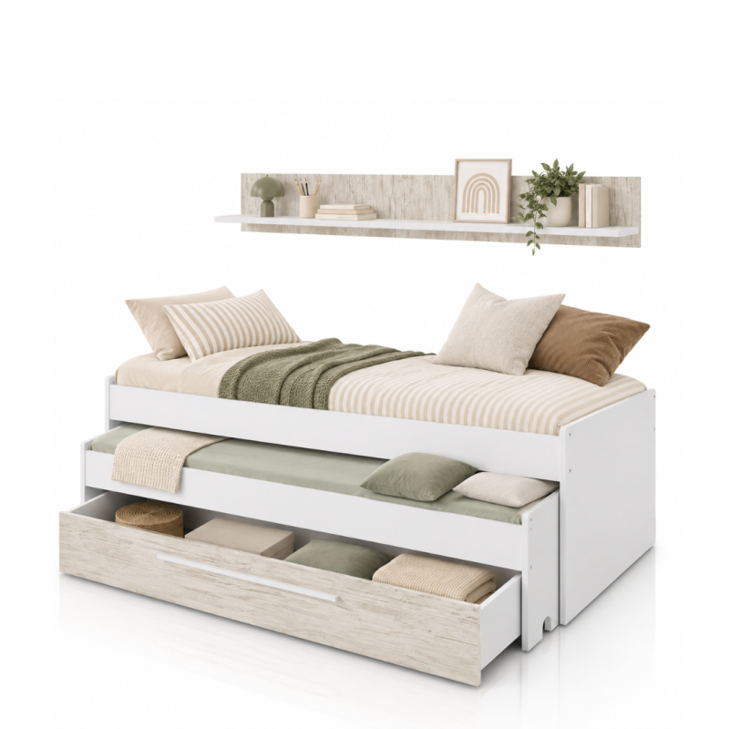 Cama Nido Elliot con Cajón y Estante | Blanco 90x190