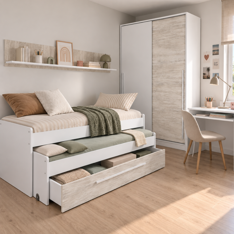 Cama Nido Elliot con Cajón y Estante | Blanco 90x190