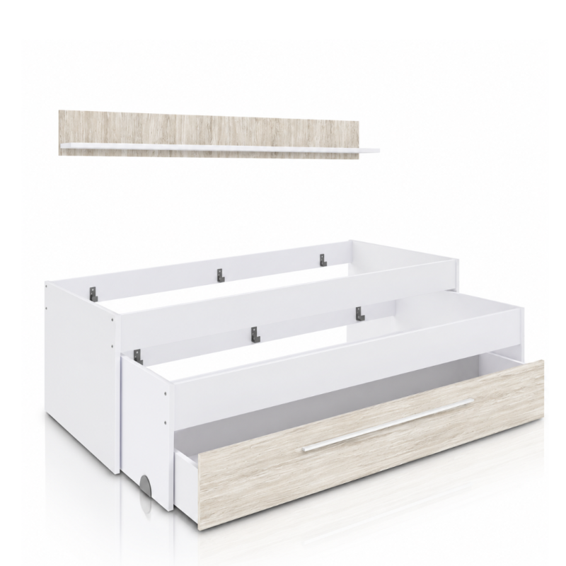 Cama Nido Elliot con Cajón y Estante | Blanco 90x190