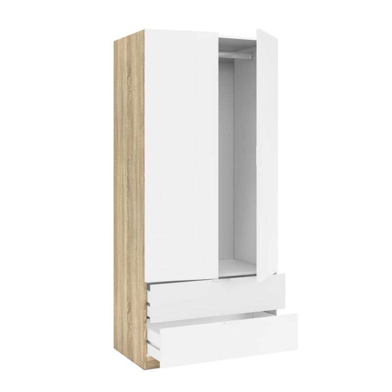 Armario Low Cost 2 Puertas con Cajones 80 cm Blanco y Roble