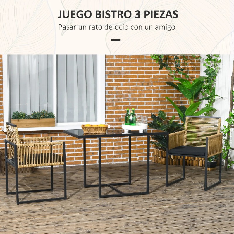 Conjunto de Jardín con Cojines Mesa y 2 Sillas de Ratán