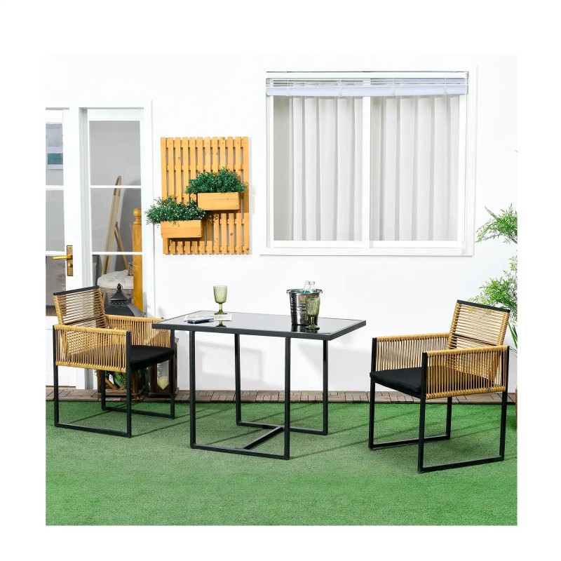 Conjunto de Jardín con Cojines Mesa y 2 Sillas de Ratán