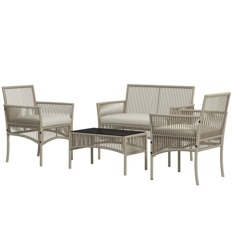 Set Jardín Duna – Sofá 2 Plazas, 2 Sillones y Mesa Cristal en Cuerda Beige
