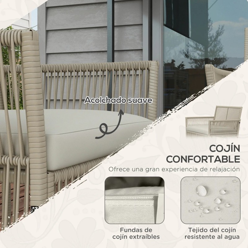 Set Jardín Duna – Sofá 2 Plazas, 2 Sillones y Mesa Cristal en Cuerda Beige