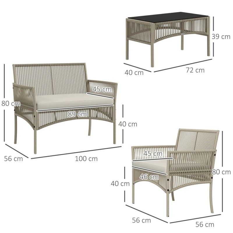 Set Jardín Duna – Sofá 2 Plazas, 2 Sillones y Mesa Cristal en Cuerda Beige