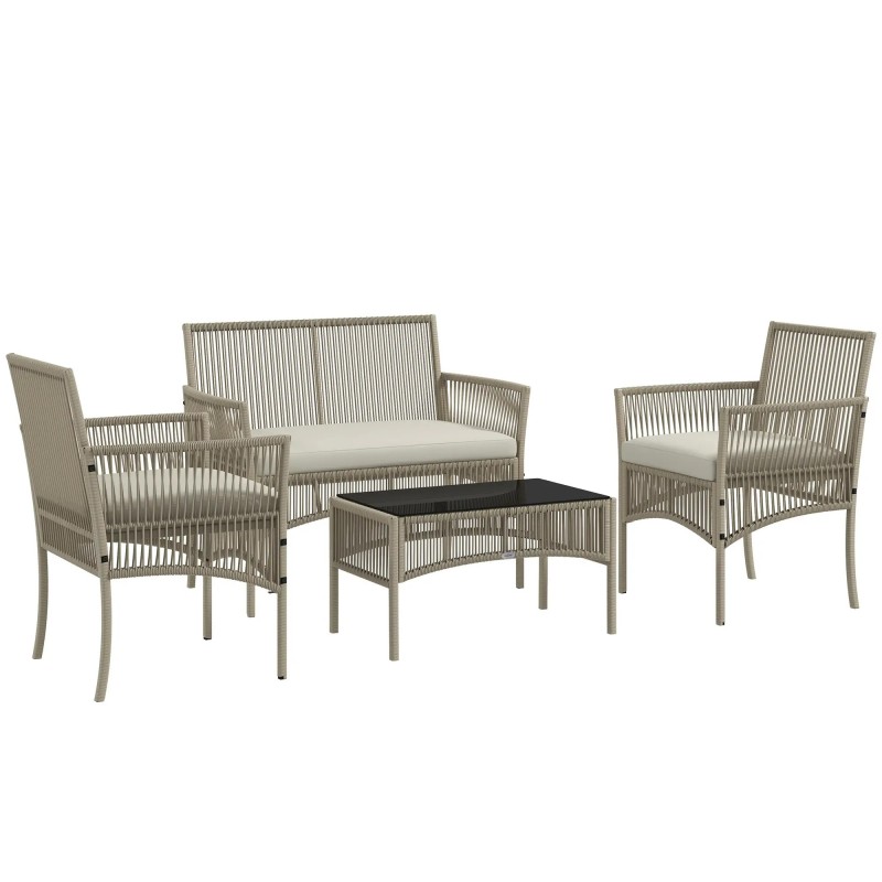 Set Jardín Duna – Sofá 2 Plazas, 2 Sillones y Mesa Cristal en Cuerda Beige