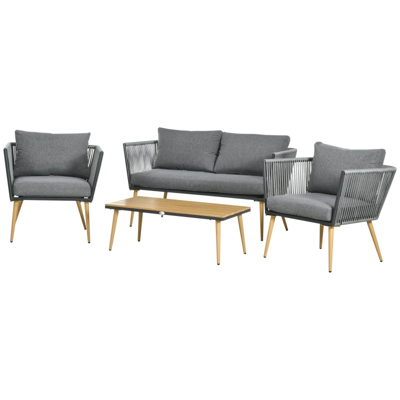 Set Jardín Rope – Sofá 2 Plazas, 2 Sillones Cuerda Gris y Mesa Efecto Madera