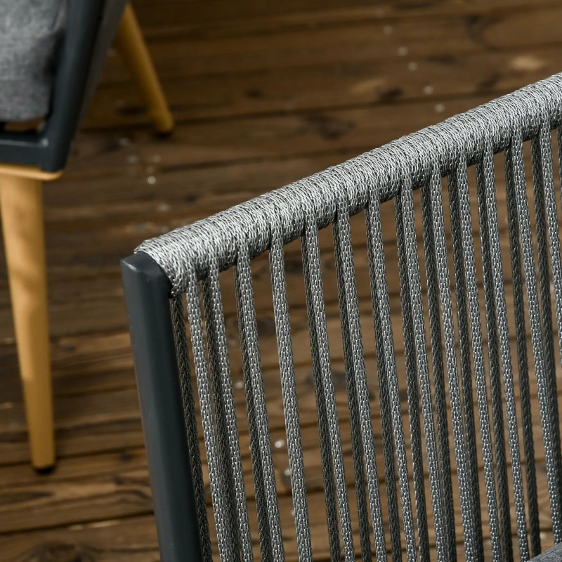 Set Jardín Rope – Sofá 2 Plazas, 2 Sillones Cuerda Gris y Mesa Efecto Madera