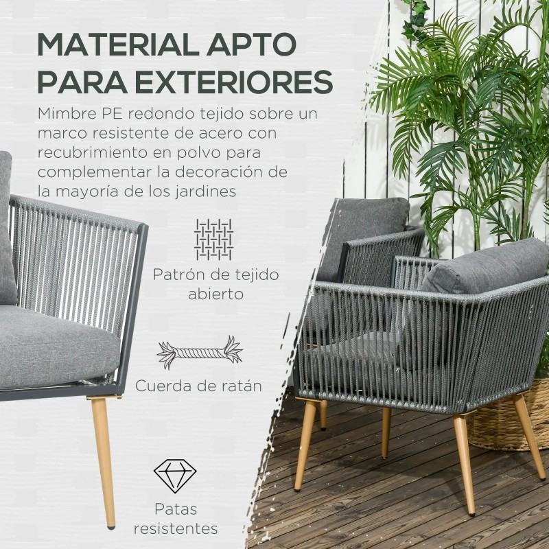 Set Jardín Rope – Sofá 2 Plazas, 2 Sillones Cuerda Gris y Mesa Efecto Madera