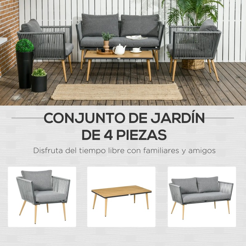 Set Jardín Rope – Sofá 2 Plazas, 2 Sillones Cuerda Gris y Mesa Efecto Madera