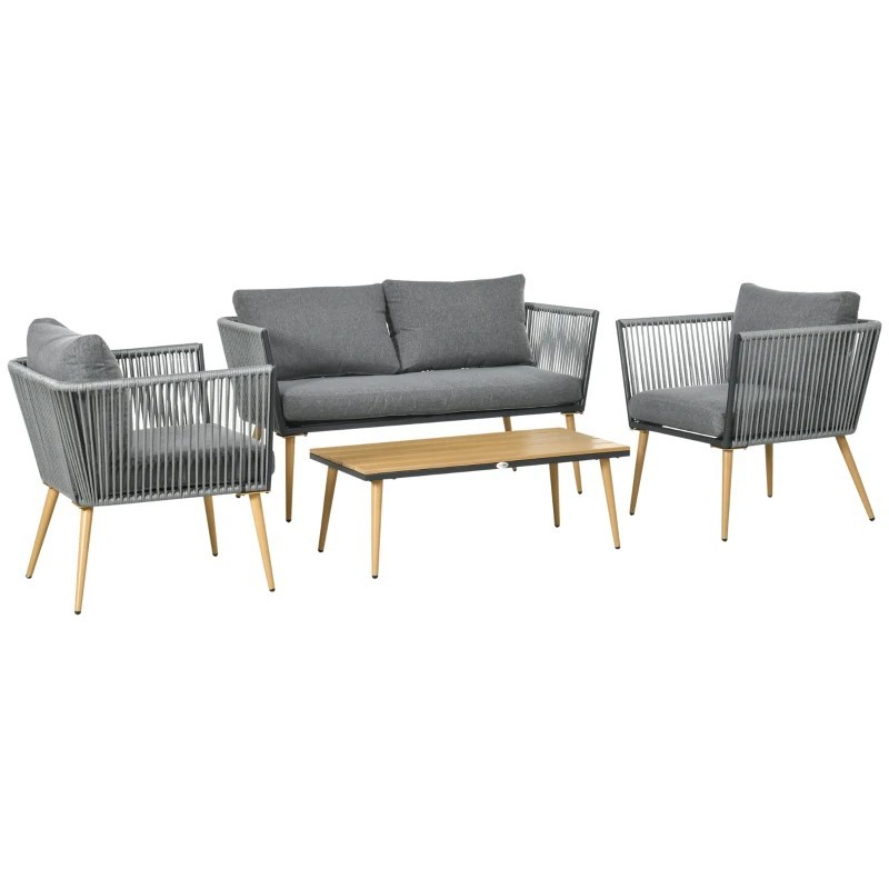 Set Jardín Rope – Sofá 2 Plazas, 2 Sillones Cuerda Gris y Mesa Efecto Madera