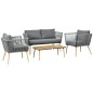 Set Jardín Rope – Sofá 2 Plazas, 2 Sillones Cuerda Gris y Mesa Efecto Madera
