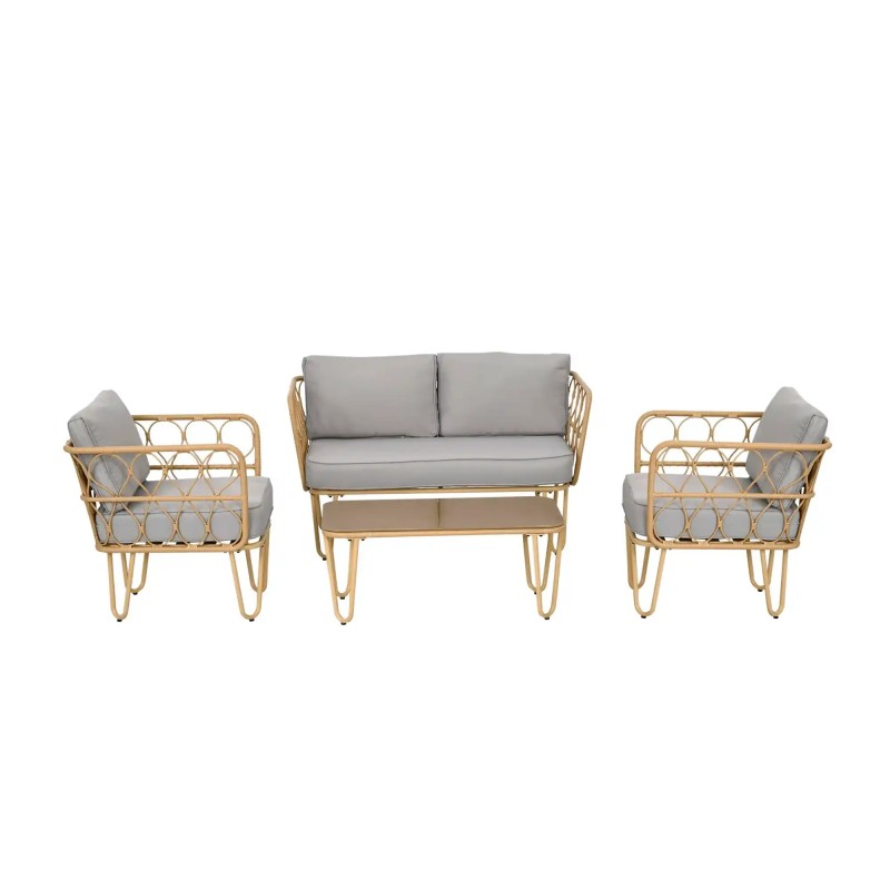 Set Jardín Rope – Sofá 2 Plazas, 2 Sillones Cuerda Gris y Mesa Efecto Madera