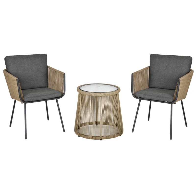 Set Balcón Tiko – 2 Sillones Cuerda Natural y Mesa Redonda Cristal