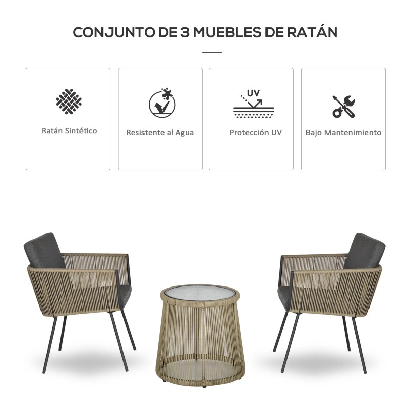 Set Balcón Tiko – 2 Sillones Cuerda Natural y Mesa Redonda Cristal