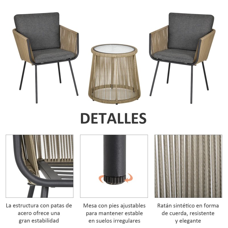 Set Balcón Tiko – 2 Sillones Cuerda Natural y Mesa Redonda Cristal