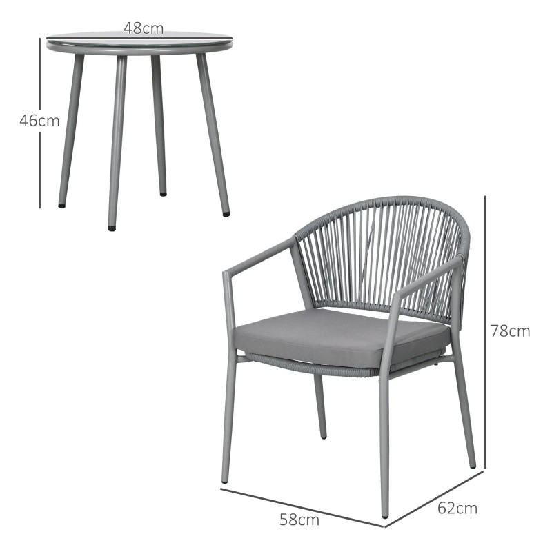 Juego de 2 Sillas y Mesa de Jardín con Cojines de Ratán