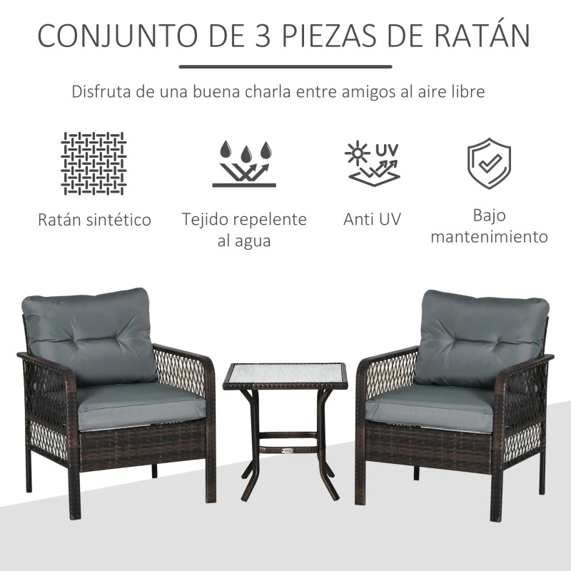 Conjunto de Muebles de Ratán con Mesa y 2 Sillones