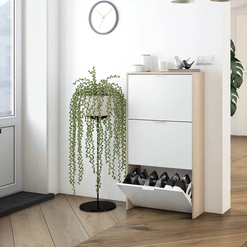 Zapatero Recibidor 60 cm Roble y Blanco 3 Puertas