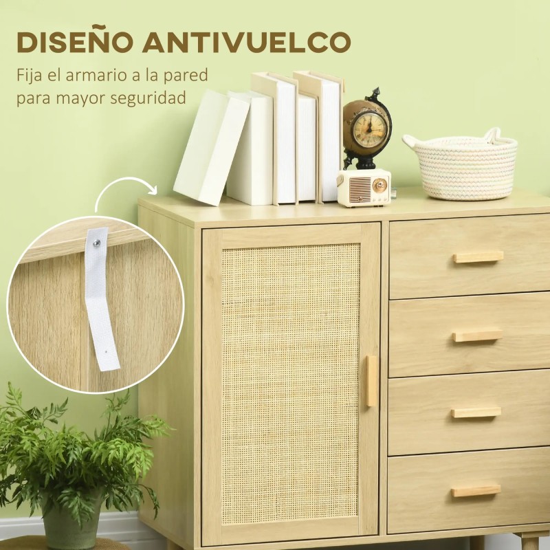 Aparador Cannage Natural | Ratán, 4 Cajones y Patas de Pino 80 cm