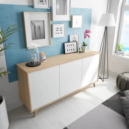 Aparador Kikua 3 Puertas Push Blanco Artik y Roble Canadian | 154x40x75 cm
