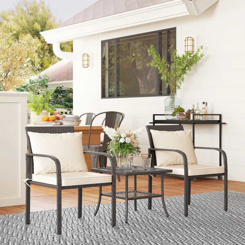 Conjunto de Jardín de Ratán con Mesa y Cojines