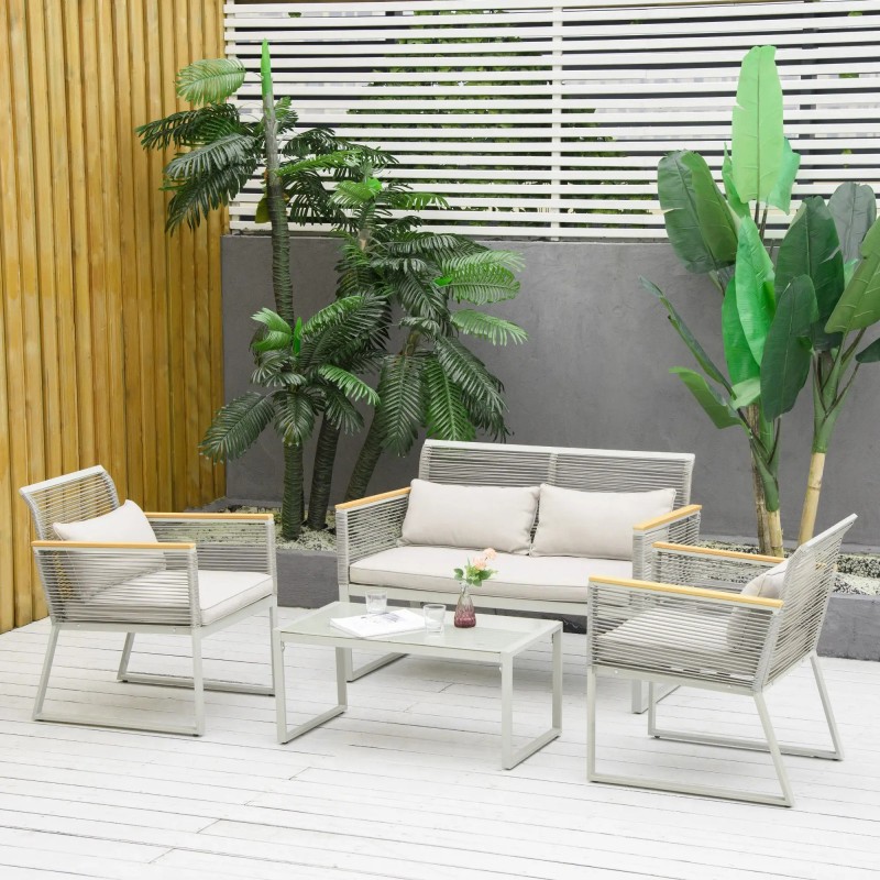 Set Jardín Lace – Sofá 2 Plazas, 2 Sillones y Mesa | Cuerda y Madera