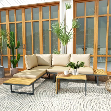 Conjunto Sofás Jardín Modular Acero y Madera Acacia – 2 Sofás + Mesa